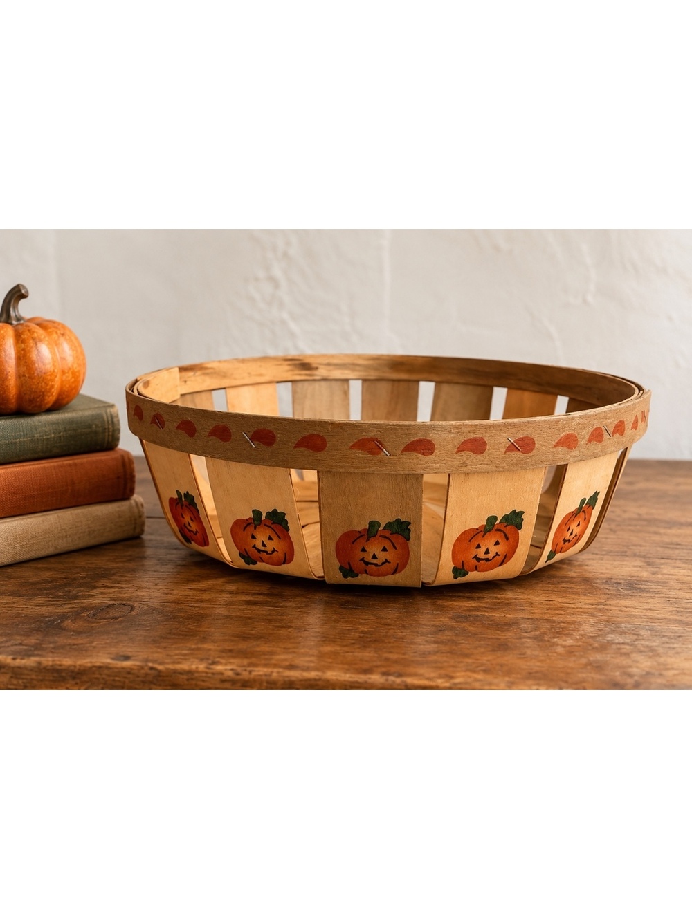 Vtg Halloween Pumpkin Basket Wooden Splint Jack O Lantern Folk Art Fall Decor
